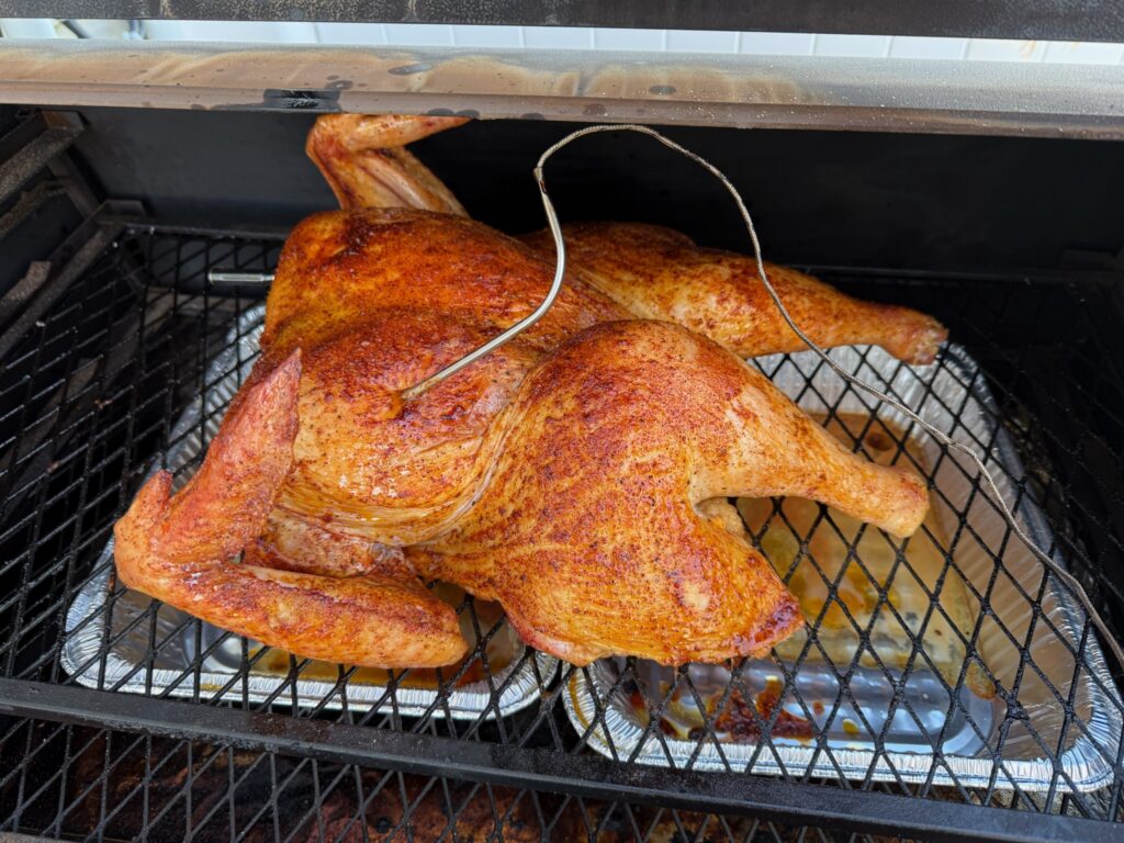 Spatchcocked turkey with deep golden skin on the smoker with a probe thermometer